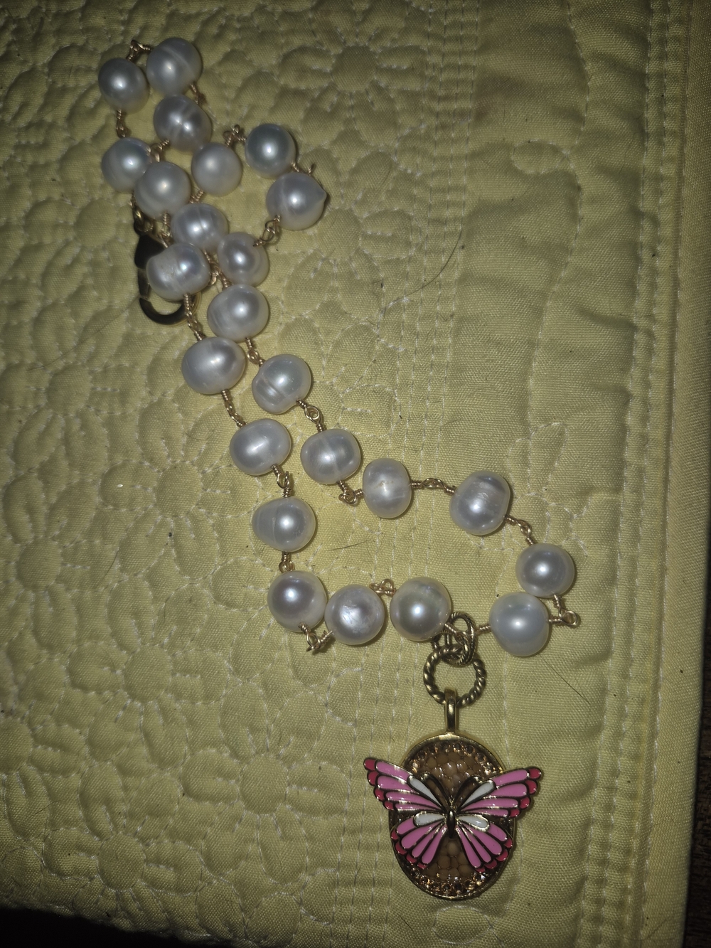 Gold Pearl Necklace with Pink Butterfly Charm